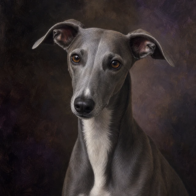 A grey whippet rendered as a classical oil painting pet portrait