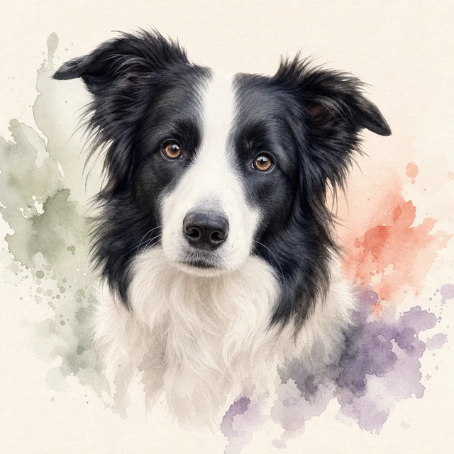A black and white dog rendered as a soft watercolor pet portrait