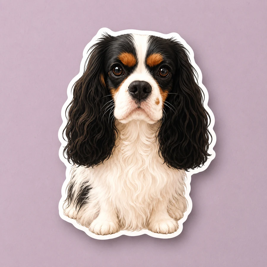A colorful illustrated pet sticker concept on a light background