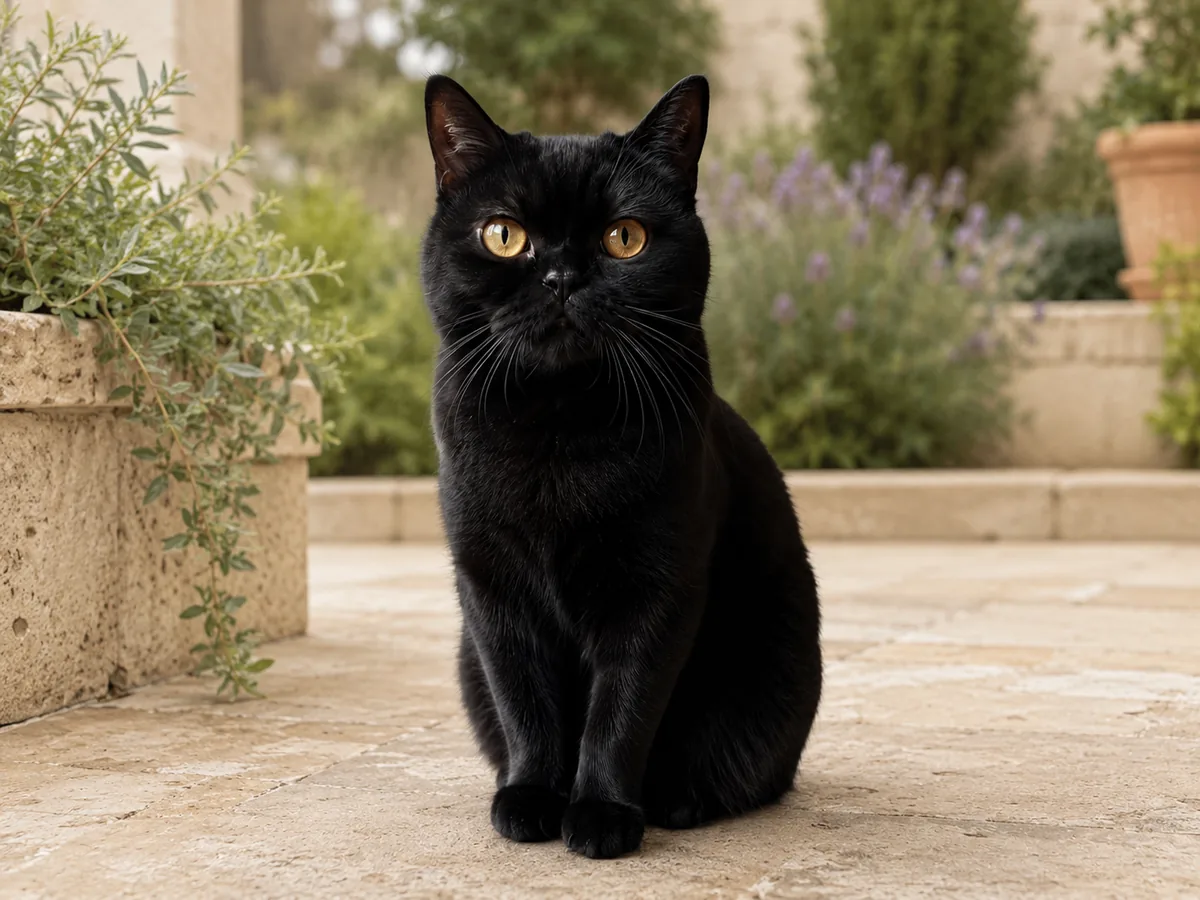 The same black cat placed in a softly lit garden with its identity preserved.
