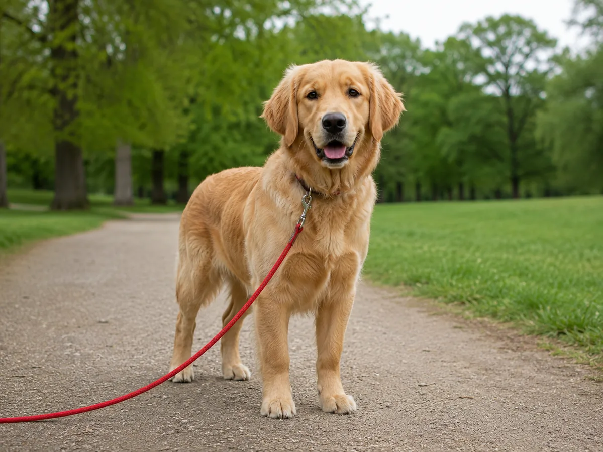 A golden retriever sitting in a park with a red leash crossing the scene.