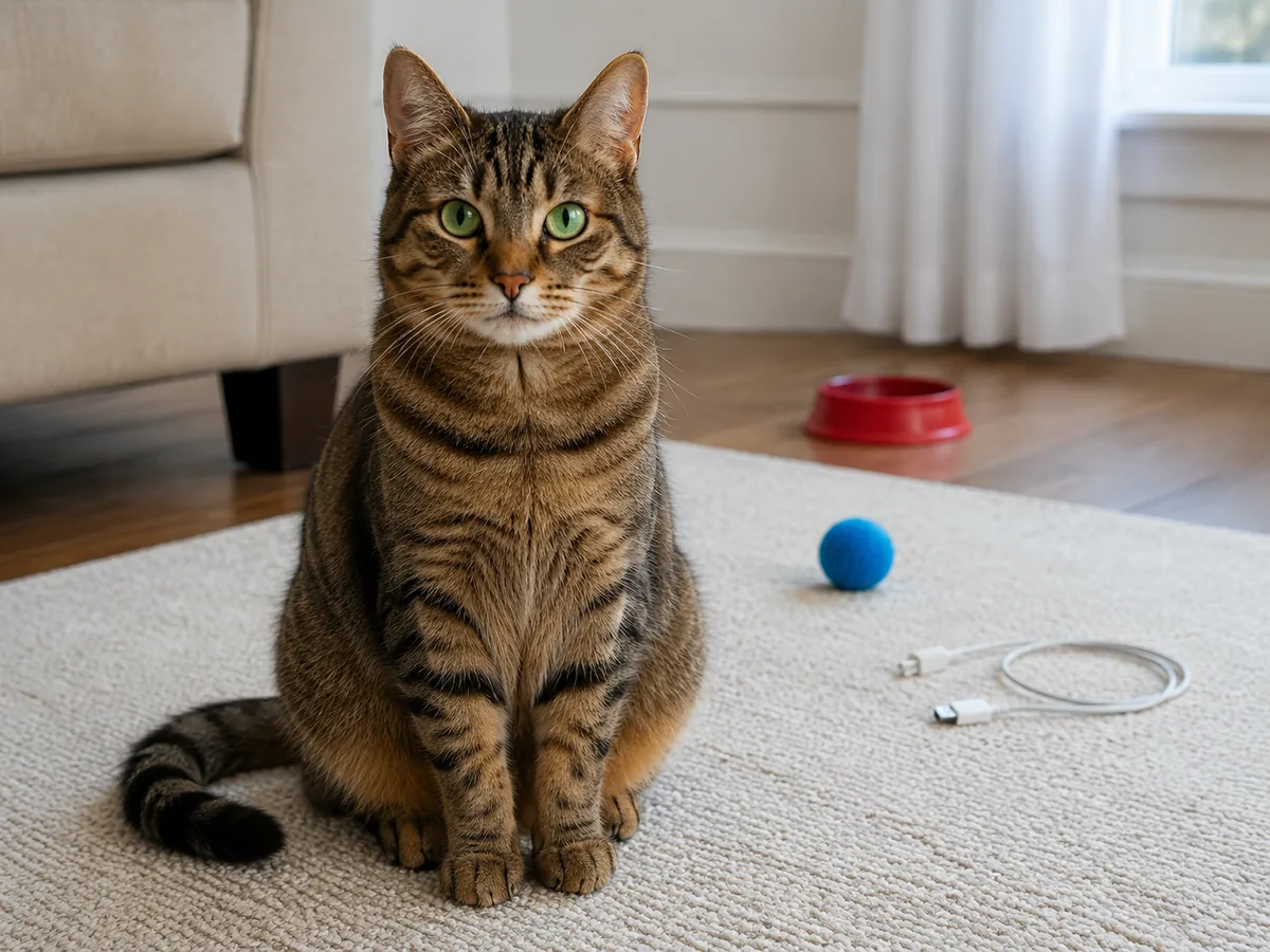 A tabby cat beside a blue ball, red bowl, and white charging cable.