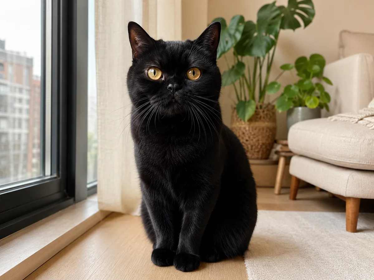 A black cat with amber eyes sitting beside an indoor window.