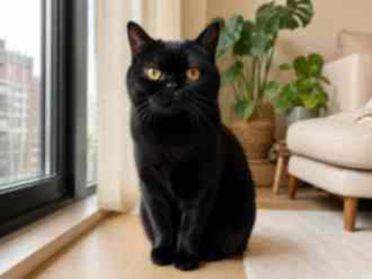 A soft low-resolution photo of a black cat beside a window.