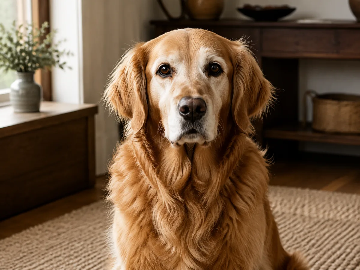 The same senior golden retriever photo with clearer eyes and natural silver muzzle detail.
