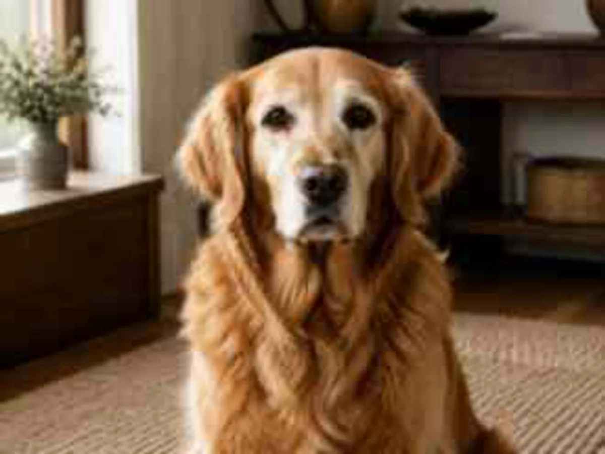 A small, slightly blurry indoor photo of a senior golden retriever.