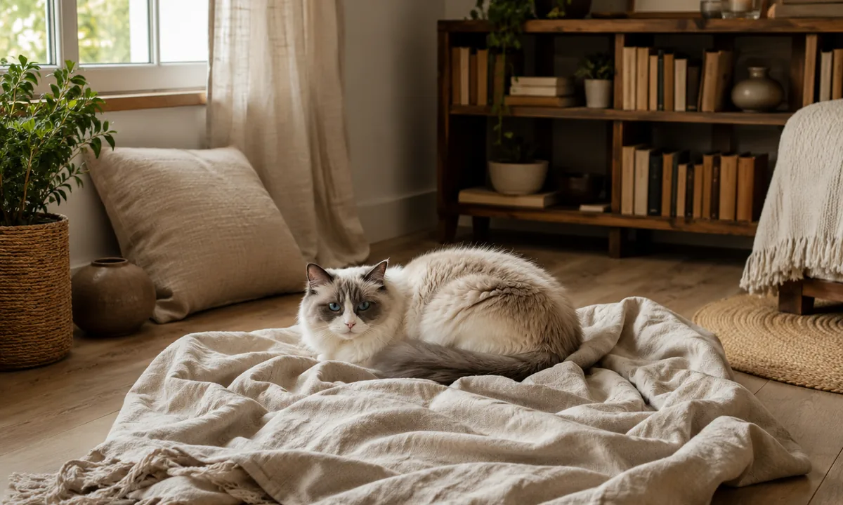 A wide view of the same cozy room expanded around the resting cat.