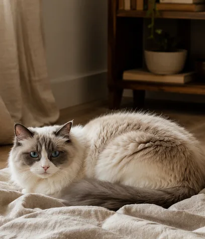 A tight square crop of a blue-eyed cat resting on a blanket indoors.