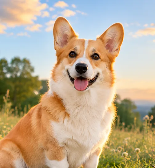 A tight crop of a corgi sitting in a sunset meadow.