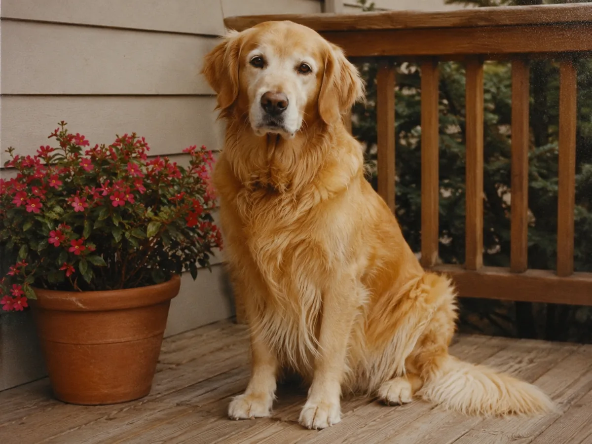 The restored golden retriever photo with damage reduced and period-appropriate color retained.