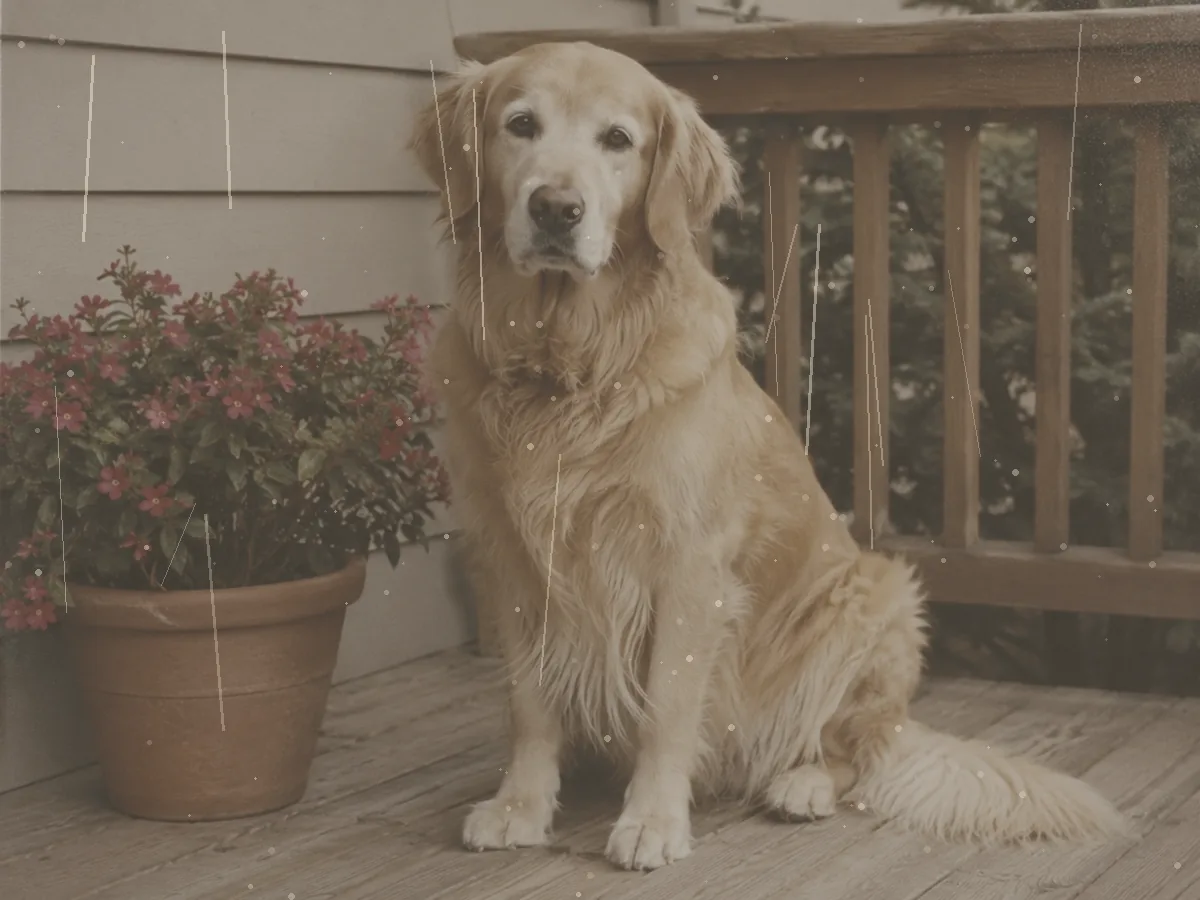 A faded and scratched early-1990s color print of a golden retriever on a porch.